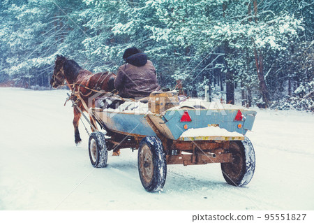 A man rides in a horse-drawn cart on a snowy road in winter A man rides in a horse-drawn cart on a snowy road in winter 95551827