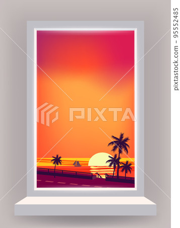 Window view interior, minimal tropical landscape, palms, sunset, cloud, beach, sea, ocean, road Window view interior, minimal tropical landscape, palms, sunset, cloud, beach, sea, ocean, road 95552485