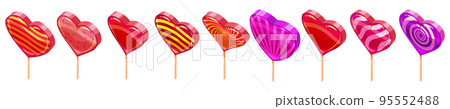 Set of Candy Sugar Heart Lollypops Isometric. Sweet food icon cartoon style Set of Candy Sugar Heart Lollypops Isometric. Sweet food icon cartoon style 95552488