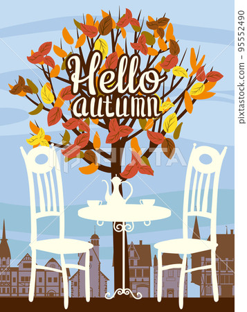 Poster Hello Autumn street cafe, outdoor, tree, fall mood, night Poster Hello Autumn street cafe, outdoor, tree, fall mood, night 95552490