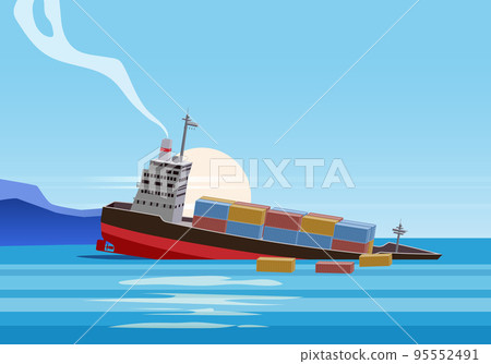 Shipwreck of cargo ship in ocean, vessel going under water and goods containers. Marine transport crash, vector Shipwreck of cargo ship in ocean, vessel going under water and goods containers. Marine transport crash, vector 95552491