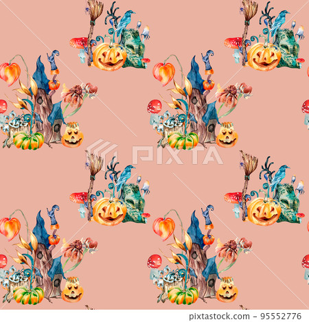 Colorful Halloween fairy house watercolor seamless pattern isolated on pink. Colorful Halloween fairy house watercolor seamless pattern isolated on pink. 95552776