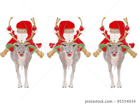 Watercolor illustrations. Santa Claus riding a deer. Seamless border for your Christmas decor Watercolor illustrations. Santa Claus riding a deer. Seamless border for your Christmas decor 95554034