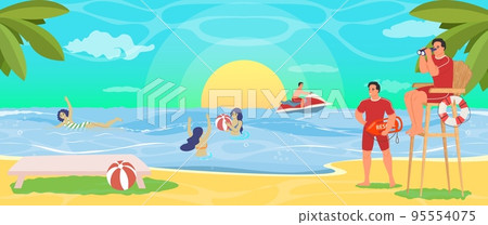 Tropical beach lifeguard at work flat vector 95554075