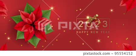Happy new year vector illustration, background. Elegant Christmas banner with realistic 3d elements on red Happy new year vector illustration, background. Elegant Christmas banner with realistic 3d elements on red 95554152