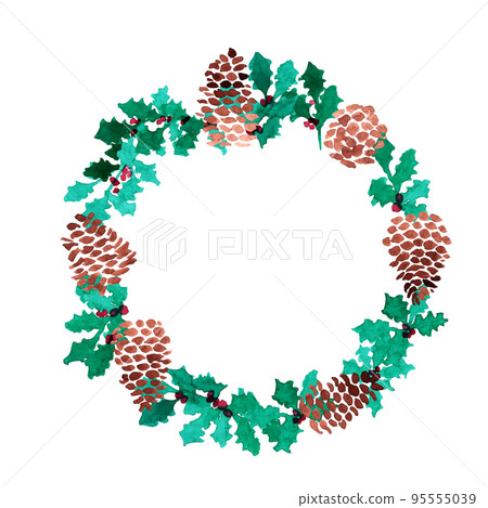 Watercolor. A vector frame of holly and pine cones with a watercolor touch. 95555039
