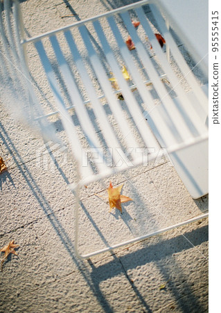 Yellow leaves lie on the tiles under the white chair Yellow leaves lie on the tiles under the white chair 95555415