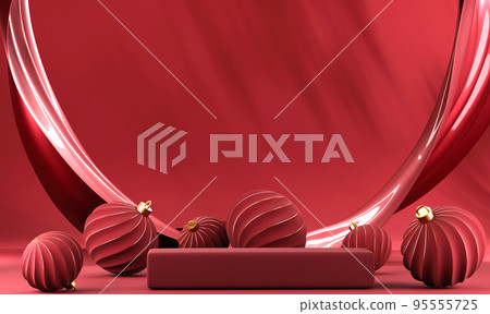 3D abstract Christmas red background with red Christmas ornaments 95555725