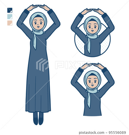Illustration of an Arabian woman wearing a hijab making a circle with her arms 95556089