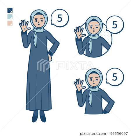 Illustration of an Arabic woman wearing a hijab counting 5 95556097