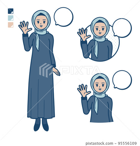 Illustration of an Arabic woman wearing a hijab greeting Illustration of an Arabic woman wearing a hijab greeting 95556109