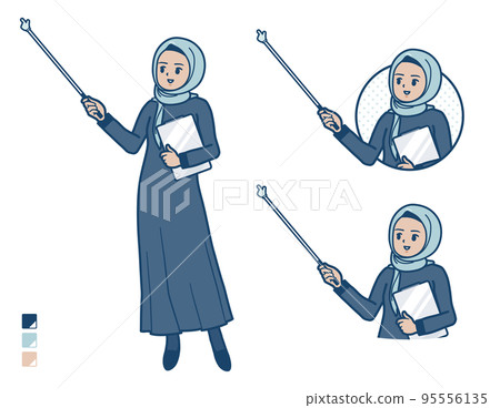 Illustration of an Arabic woman wearing a hijab explaining with a pointing stick Illustration of an Arabic woman wearing a hijab explaining with a pointing stick 95556135