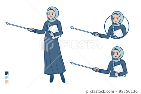 Illustration of an Arabic woman wearing a hijab explaining with a pointing stick Illustration of an Arabic woman wearing a hijab explaining with a pointing stick 95556136