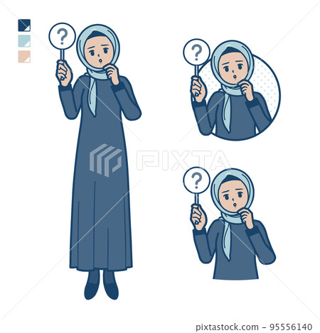 Illustration of an Arabic woman wearing a hijab showing a question mark panel 95556140