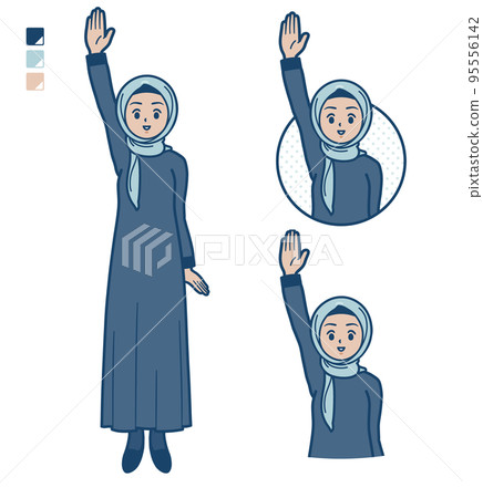 Illustration of an arabic woman wearing a hijab raising her hand 95556142