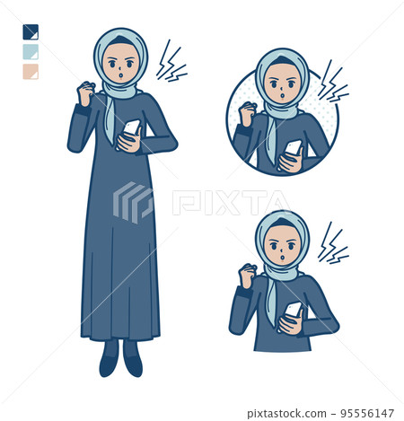 Illustration of an arabic woman wearing a hijab holding a smartphone and getting angry 95556147