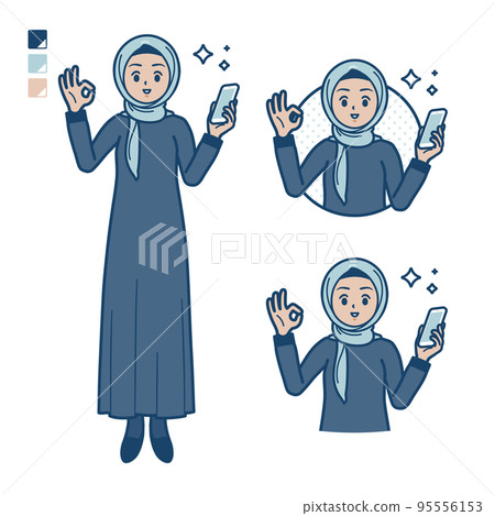Illustration of an Arabic woman wearing a hijab holding a smartphone and making an OK sign 95556153