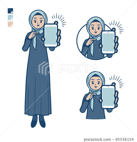 Illustration of an Arabic woman wearing a hijab presenting a smartphone 95556154