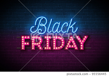 Black Friday Sale Illustration with Glowing Neon and Light Bulb Lettering on Dark Brick Wall Background. Vector New Year and Christmas Design Template for Greeting Card, Flyer, Banner, Celebration 95556445
