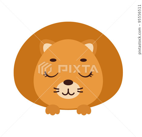 Cute little lion head with closed eyes. Cartoon animal character for kids t-shirts, nursery decoration, baby shower, greeting card, invitation, house interior. Vector stock illustration 95556511