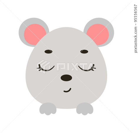 Cute little mouse head with closed eyes. Cartoon animal character for kids t-shirts, nursery decoration, baby shower, greeting card, invitation, house interior. Vector stock illustration 95556567