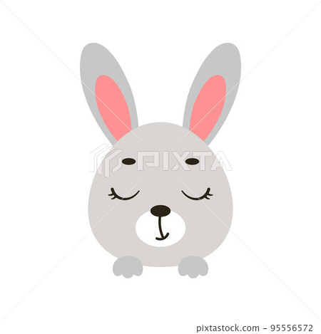 Cute little bunny head with closed eyes. Cartoon animal character for kids t-shirts, nursery decoration, baby shower, greeting card, invitation, house interior. Vector stock illustration Cute little bunny head with closed eyes. Cartoon animal character for kids t-shirts, nursery decoration, baby shower, greeting card, invitation, house interior. Vector stock illustration 95556572