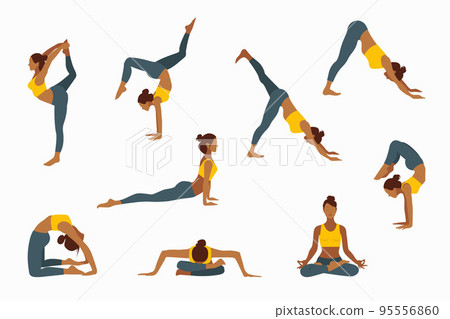 Yoga poses. Wellness training in flat vector illustration. Yoga poses. Wellness training in flat vector illustration. 95556860