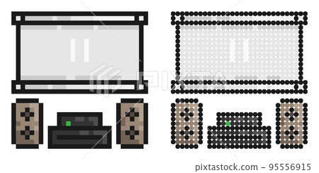 Pixel icon. Home theater with speakers and projector screen. Premium home cinema equipment. Simple retro game vector isolated on white background Pixel icon. Home theater with speakers and projector screen. Premium home cinema equipment. Simple retro game vector isolated on white background 95556915