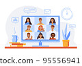 Video conference, group video chat. Business team faces, video meeting online on laptop screen. 95556941
