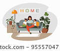 Family room interior design. Mom reads a book to the children. 95557047