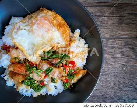 Rice topped with stir-fried pork and basil with a fried egg on the table Rice topped with stir-fried pork and basil with a fried egg on the table 95557109