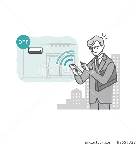 Smart home: Air conditioner_A young man who turns off the air conditioner at home with a smartphone app from outside 95557328
