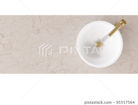 Washbasin mit faucet and cabinet isolated on white background. Top view. Cut out bathroom furniture. Modern sink. Modern interior design element. Cleanliness, washing, routine. Copy space. 3D render. 95557564
