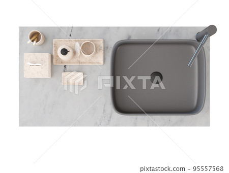 Washbasin mit faucet and cabinet isolated on white background. Top view. Cut out bathroom furniture. Modern sink. Modern interior design element. Cleanliness, washing, routine. Copy space. 3D render. 95557568