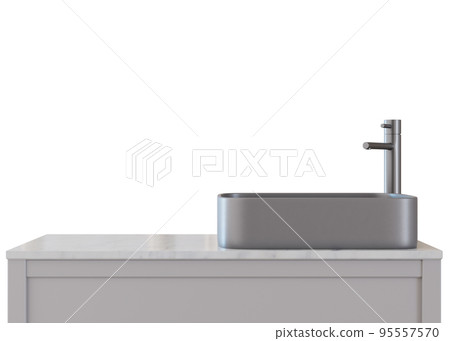 Washbasin mit faucet and cabinet isolated on white background. Front view. Cut out bathroom furniture. Modern sink. Modern interior design element. Cleanliness, washing, routine. Copy space. 3D render 95557570