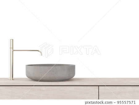 Washbasin mit faucet and cabinet isolated on white background. Front view. Cut out bathroom furniture. Modern sink. Modern interior design element. Cleanliness, washing, routine. Copy space. 3D render Washbasin mit faucet and cabinet isolated on white background. Front view. Cut out bathroom furniture. Modern sink. Modern interior design element. Cleanliness, washing, routine. Copy space. 3D render 95557571