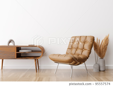 Brown leather armchair in contemporary interior. Modern, stylish, high quality leather furniture. Natural material. Pampas grass in vase. 3D rendering. Brown leather armchair in contemporary interior. Modern, stylish, high quality leather furniture. Natural material. Pampas grass in vase. 3D rendering. 95557574