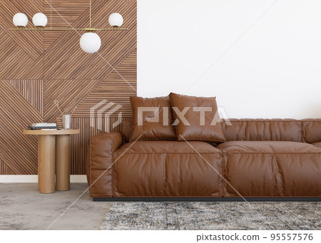 Brown leather sofa in contemporary interior. Modern, stylish, high quality leather furniture. Natural material. 3D rendering. 95557576
