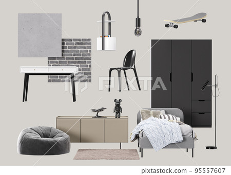 Interior design moodboard with isolated modern teenager room furniture, home accessories, materials. Furniture store, details. Interior project. Contemporary style, mood board, collage. 3d render. Interior design moodboard with isolated modern teenager room furniture, home accessories, materials. Furniture store, details. Interior project. Contemporary style, mood board, collage. 3d render. 95557607