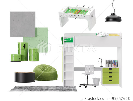 Interior design moodboard with isolated modern teenager room furniture, home accessories, materials. Furniture store, details. Interior project. Contemporary style, mood board, collage. 3d render. 95557608