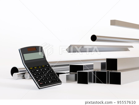 Metal products and calculator on white background. Stainless steel profiles, tubes in different designs for industry, construction. Metal price, steel getting expensive. Import problems. 3D render. Metal products and calculator on white background. Stainless steel profiles, tubes in different designs for industry, construction. Metal price, steel getting expensive. Import problems. 3D render. 95557610