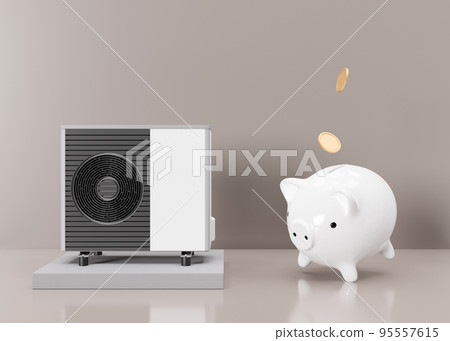 Air heat pump and piggy bank with falling coins on beige background. Modern, environmentally friendly heating. Save your money with air source heat pump. Copy space for text, advertising. 3d render. Air heat pump and piggy bank with falling coins on beige background. Modern, environmentally friendly heating. Save your money with air source heat pump. Copy space for text, advertising. 3d render. 95557615