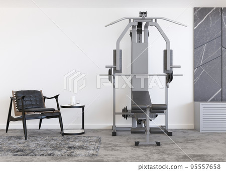Modern room with sport equipment. Contemporary interior. Healthy lifestyle, sport, training at home concept. Stay fit. Home gym. 3D rendering. 95557658