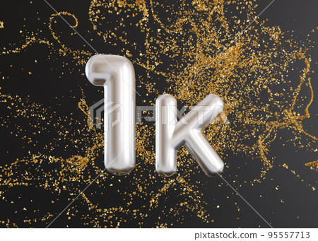 1000 followers card with golden confetti on black background. Banner for social network, blog. 1k followers or likes celebration. Social media achievement poster. One thousand subscriber. 3d render. 95557713