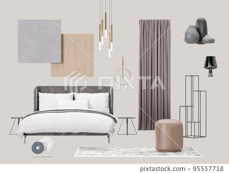 Interior design moodboard with isolated modern bedroom furniture, home accessories, materials. Furniture store, indoor details. Interior project. Contemporary style, mood board, collage. 3d rendering. 95557718