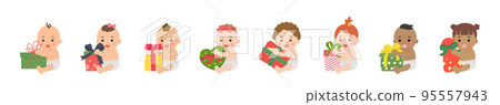 一套快樂可愛的嬰兒或幼兒與禮物盒,聖誕節或生日,贈送禮物,向量卡通風格 一套快樂可愛的嬰兒或幼兒與禮物盒,聖誕節或生日,贈送禮物,向量卡通風格 95557943
