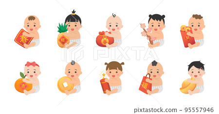 一套快樂可愛的嬰兒或幼兒與中國新年的元素,紅紙包與金幣與金元寶 一套快樂可愛的嬰兒或幼兒與中國新年的元素,紅紙包與金幣與金元寶 95557946