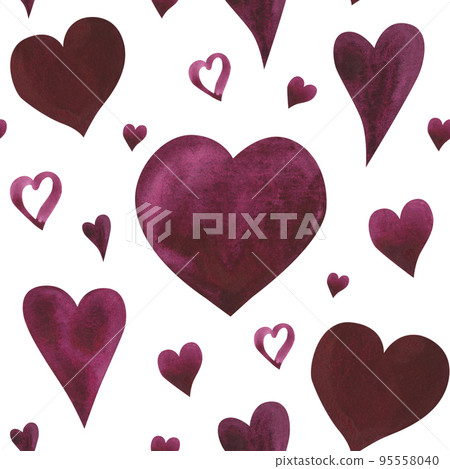Watercolor heart dark red color seamless pattern isolated on white. Watercolor hand drawn illustration. Art for design Watercolor heart dark red color seamless pattern isolated on white. Watercolor hand drawn illustration. Art for design 95558040