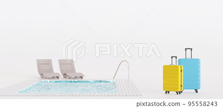 Suitcases and swimming pool on white background. Holidays, tourism, travel. Tourists, great vacation. Relax time. Couple. Colorful banner with copy space. 3d rendering. Suitcases and swimming pool on white background. Holidays, tourism, travel. Tourists, great vacation. Relax time. Couple. Colorful banner with copy space. 3d rendering. 95558243