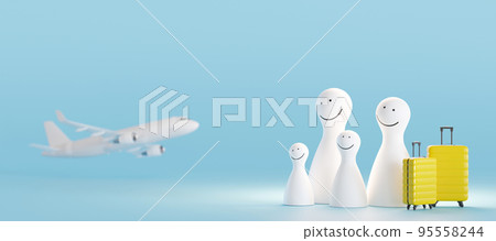 Happy family members with suitcases and airplane on blue background. Holidays, tourism, travel. Tourists ready for a great vacation. Flight, airport. Colorful banner with copy space. 3d rendering. Happy family members with suitcases and airplane on blue background. Holidays, tourism, travel. Tourists ready for a great vacation. Flight, airport. Colorful banner with copy space. 3d rendering. 95558244